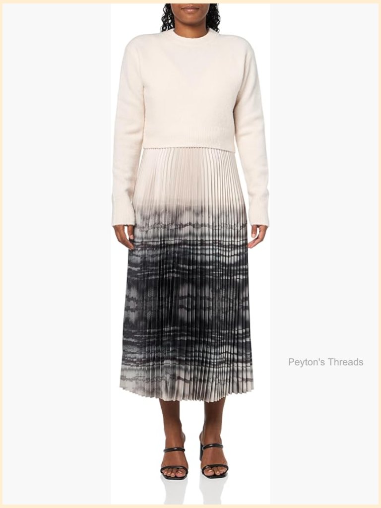 2-In-1 Pleated Tie Dye Midi Dress With Wool Blend Knit Top